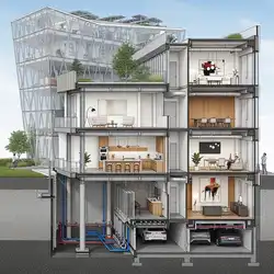 Edificio con modelo conceptual que representa arquitectura, civil y diseño de interiores