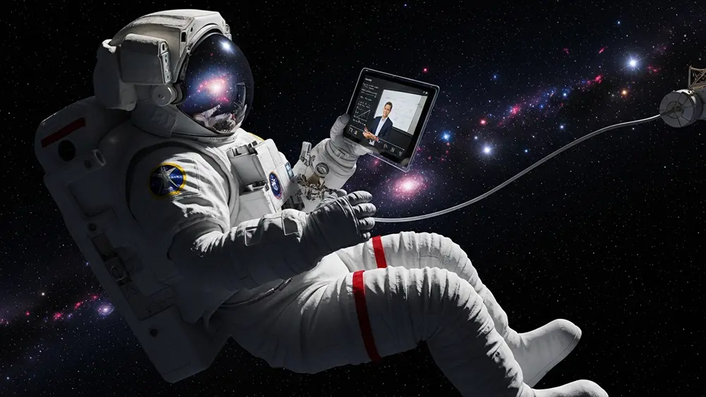 Astronauta en el espacio usando tablet con videollamada para clases online personalizadas en ClasesPlus