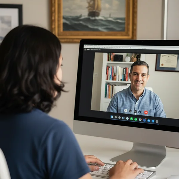 Mujer tomando clases Plus por videollamada con profesor en línea