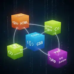 Cajas de colores representando diseño, desarrollo y administración web
