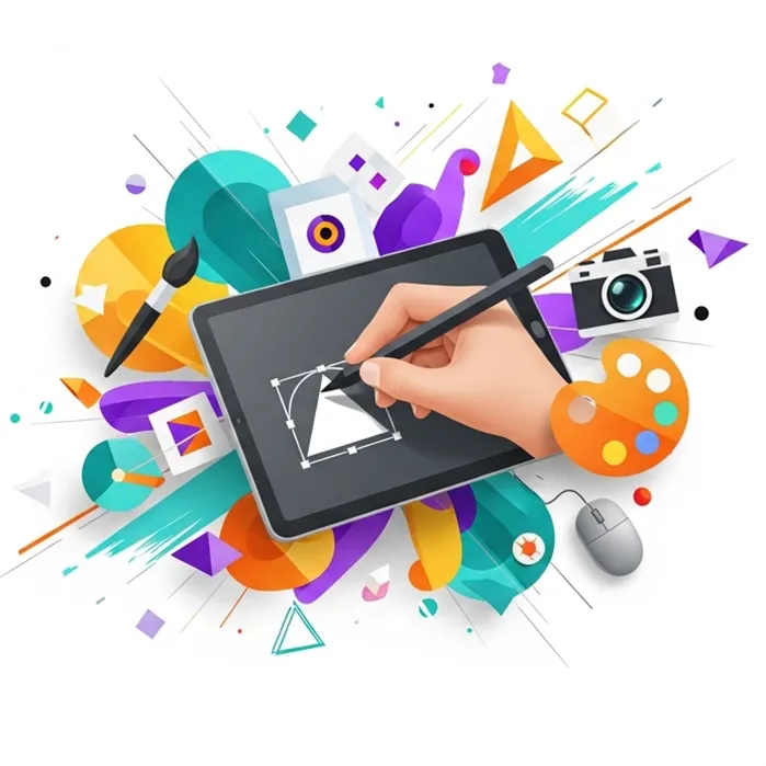 Tableta digital con lápiz óptico y elementos creativos para diseño gráfico y arte digital