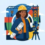 Catálogo de arquitectura, civil y diseño de interiores, ilustración de ingeniera con plano, clases plus