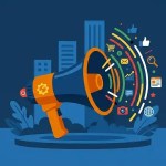 Catálogo de marketing digital, SEO y redes, ilustración de megáfono, clases plus