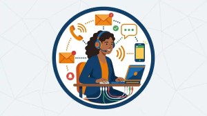 Suscribirse en Clases Plus, ilustración de mujer con íconos de comunicaciones